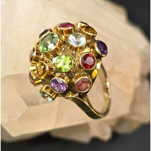 Vintage 18kt Yellow Gold Ring Sputnik-Style Multicolor Gemstones Size 7 HS180